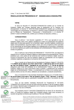 Portada del documento: Resolución de Presidencia N° D000005-2023-CONADIS-PRE
