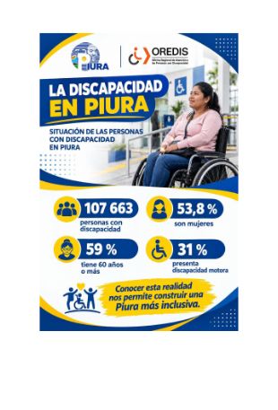 Portada del material: En Piura existen 107 663 personas con discapacidad, una realidad que nos convoca a actuar con urgencia y empatía. Los datos oficiales de OREDIS muestran que la mayoría son personas adultas mayores (59 %) y mujeres (53,8 %), sectores vulnerables que e
